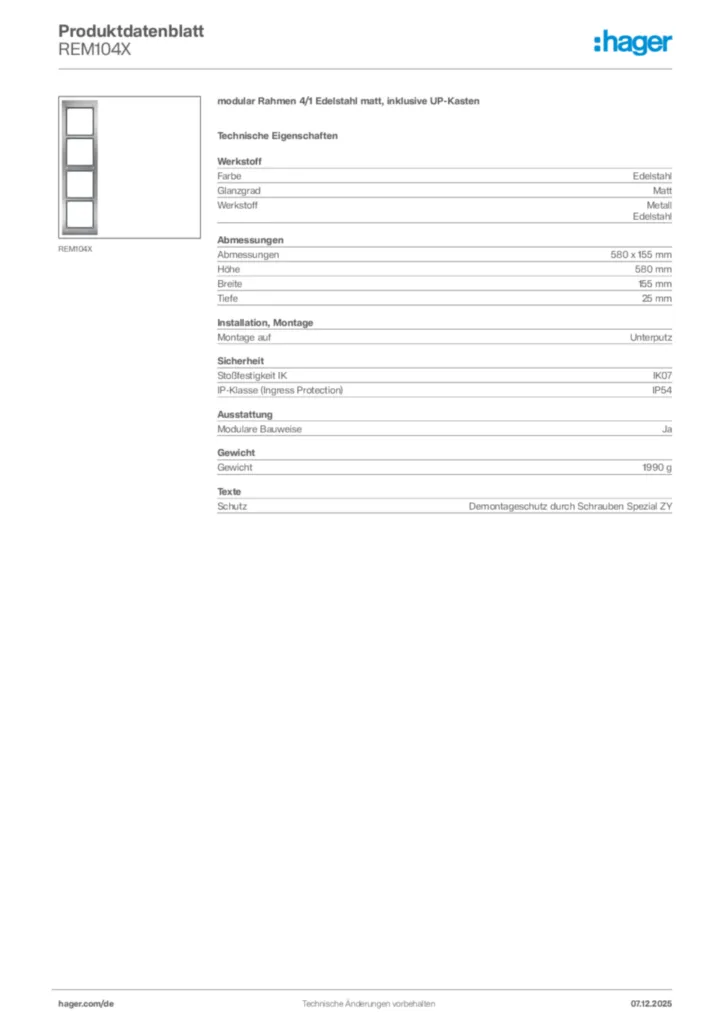 Hager Produktdatenblatt REM104X