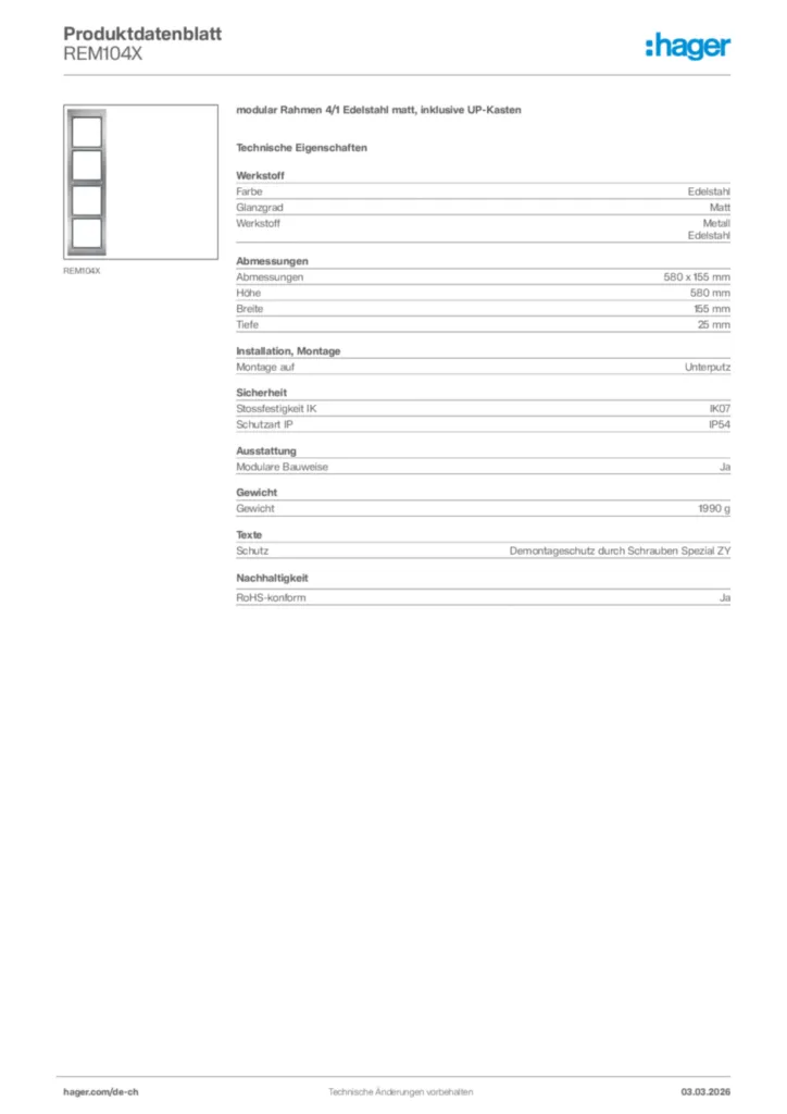 Bild Hager Produktdatenblatt REM104X | Hager Schweiz