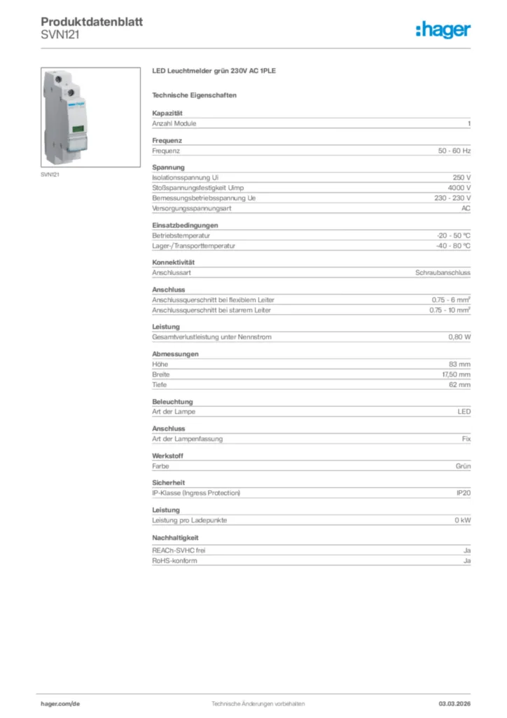 Bild Hager Produktdatenblatt SVN121 | Hager Deutschland