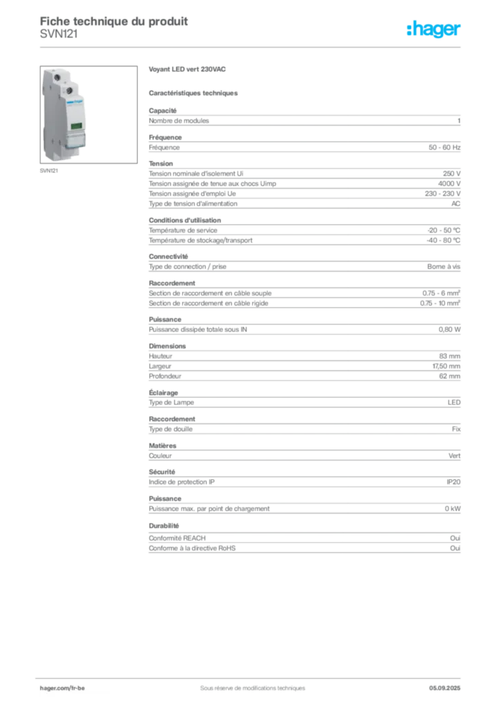 Image Hager Fiche technique du produit SVN121 | Hager Belgique