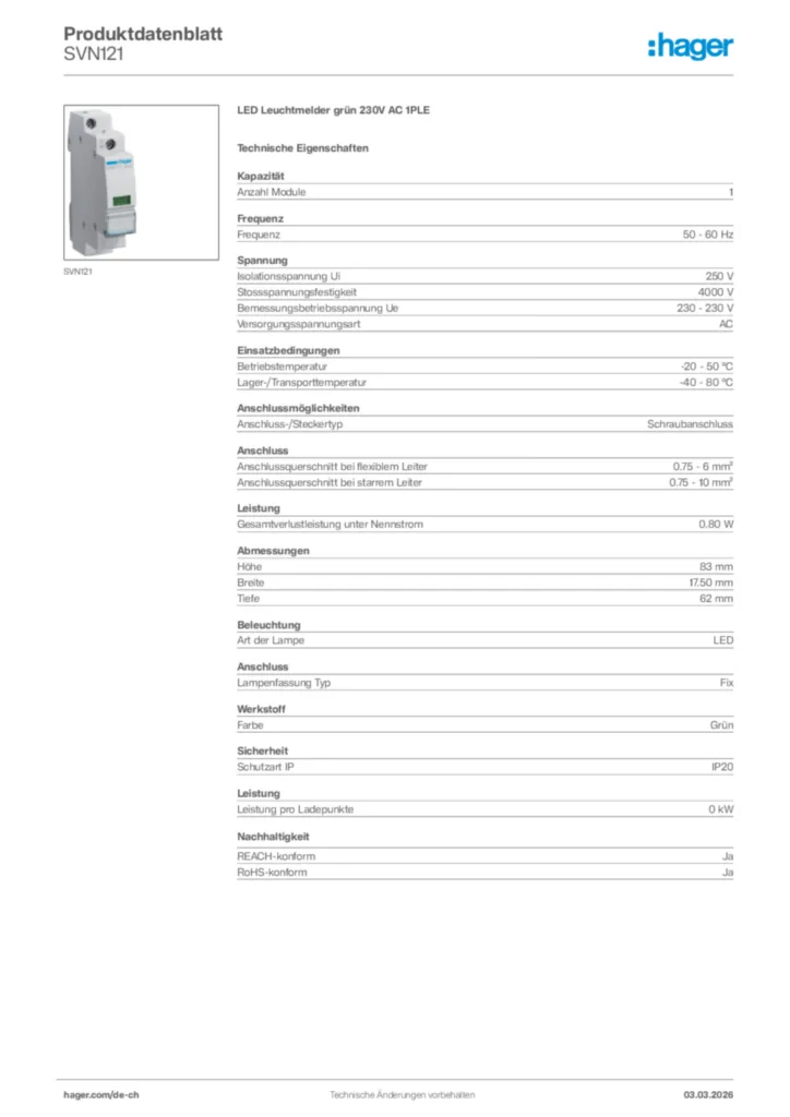 Bild Hager Produktdatenblatt SVN121 | Hager Schweiz