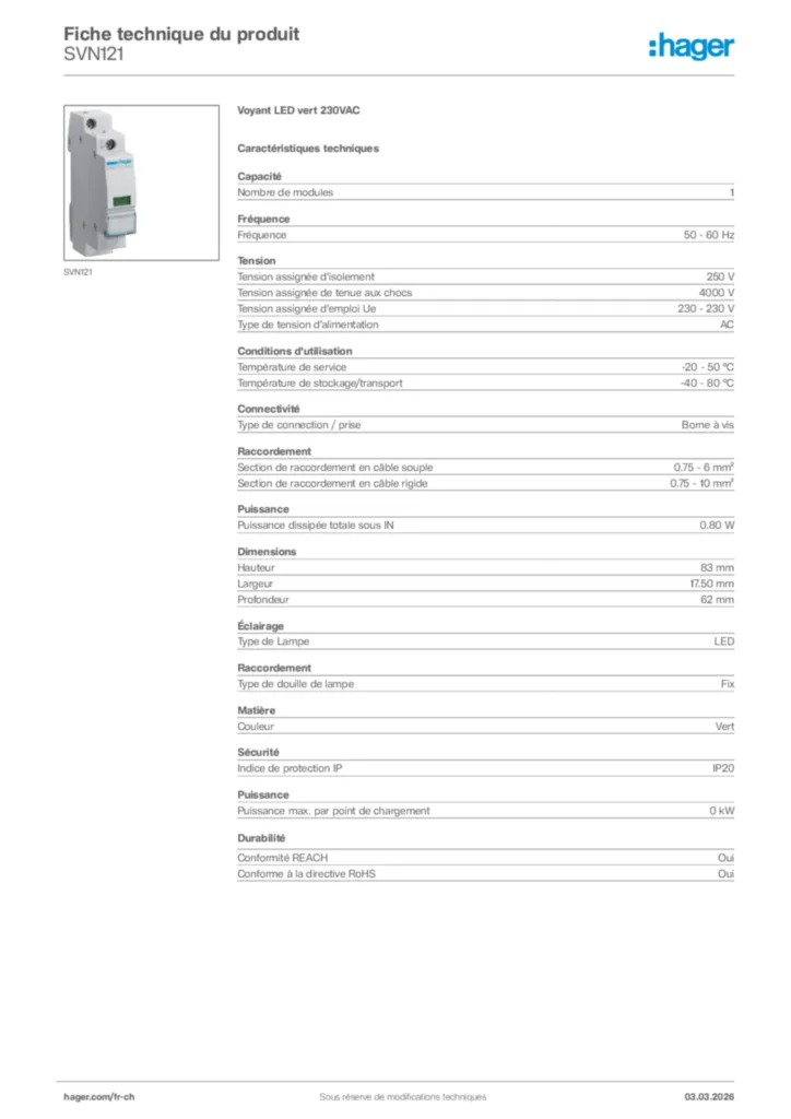 Image Hager Fiche technique du produit SVN121 | Hager Suisse