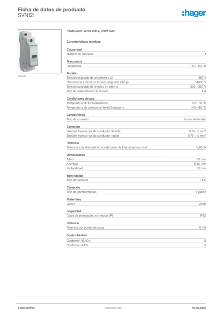 Imagen Hager Ficha de datos de producto SVN121 | Hager España