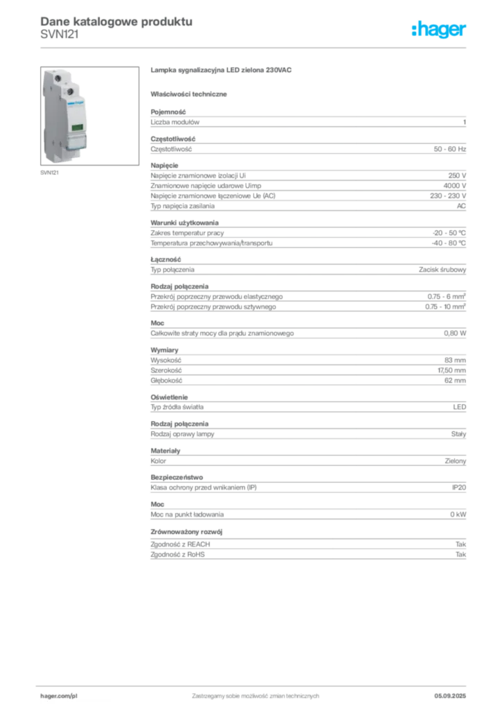 Zdjęcie Hager Dane katalogowe produktu SVN121 | Hager Polska