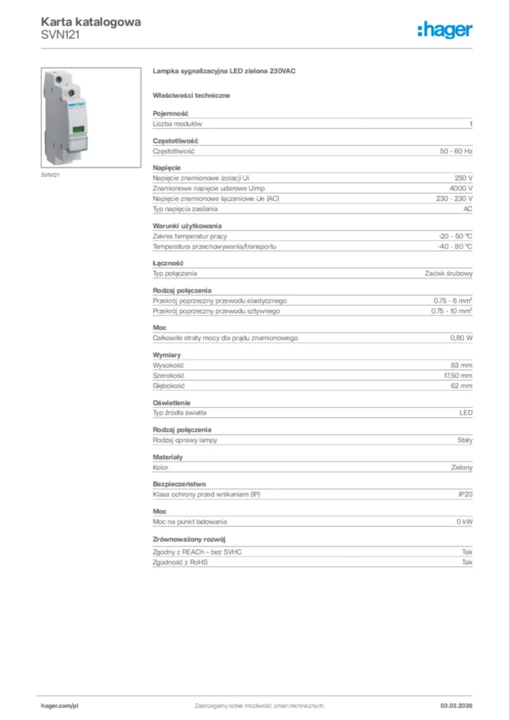 Zdjęcie Hager Karta katalogowa SVN121 | Hager Polska