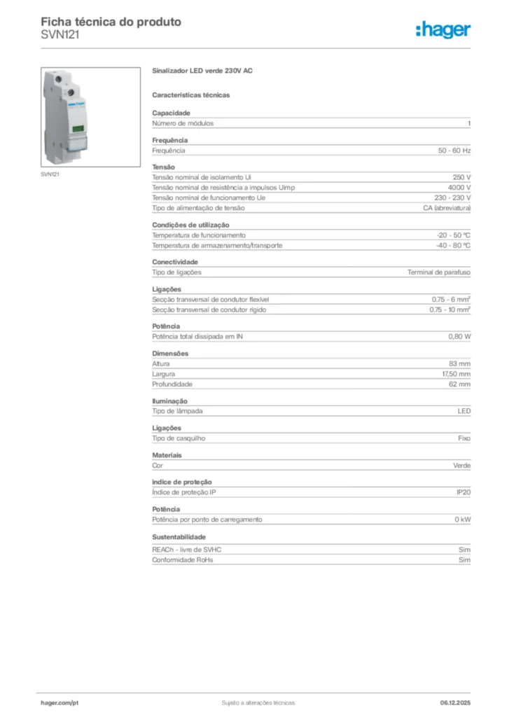 Imagem Hager Ficha técnica do produto SVN121 | Hager Portugal