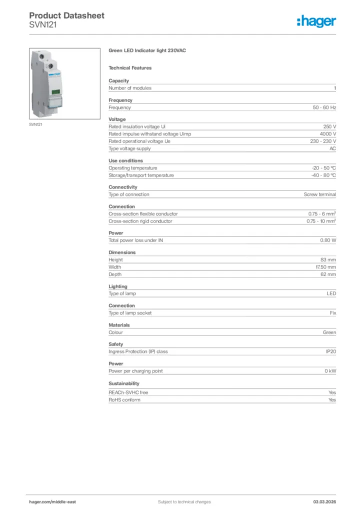 Image Hager Product data sheet SVN121  | Hager