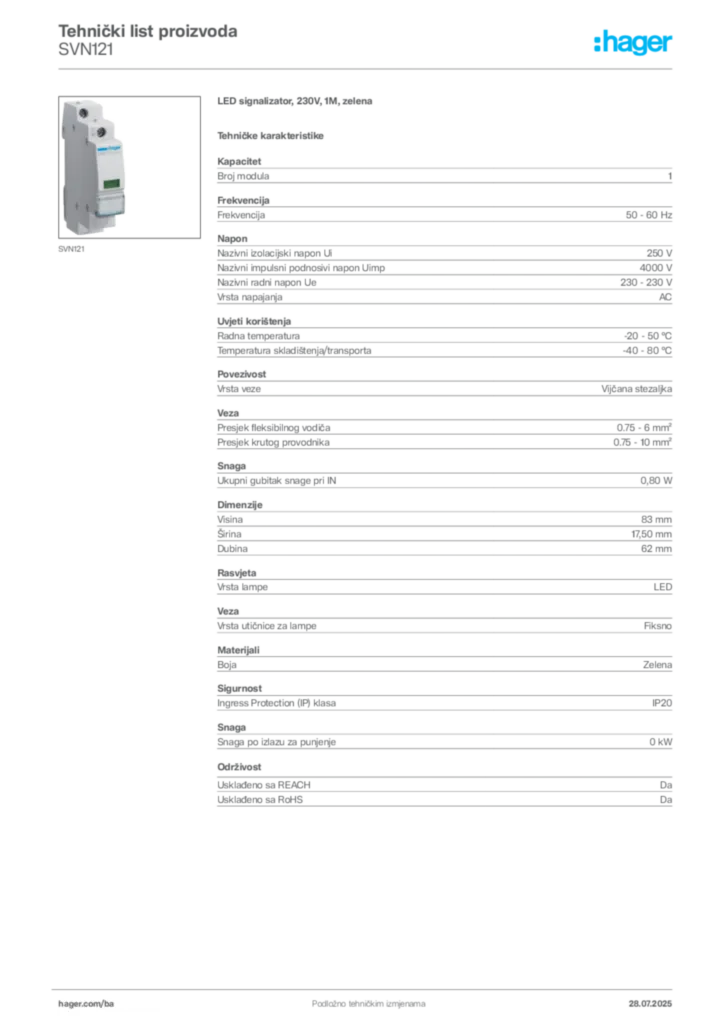 Slika Hager Product data sheet SVN121  | Hager