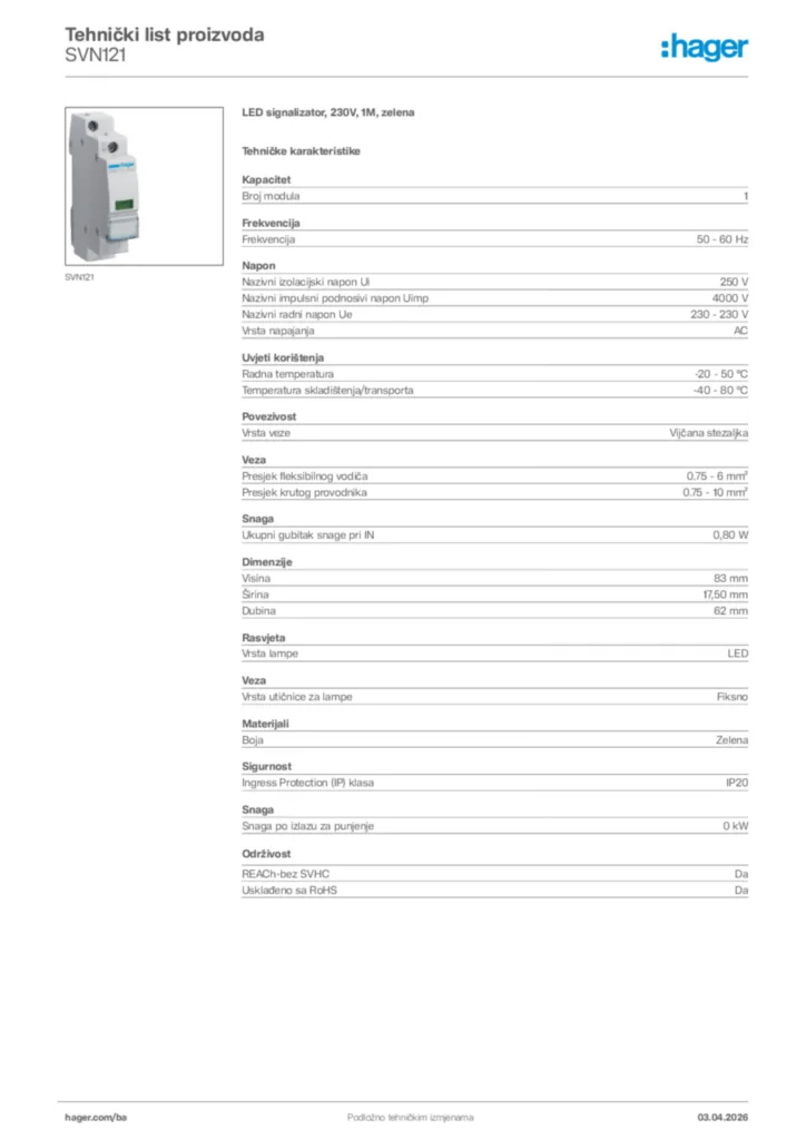 Slika Hager Tehnički list proizvoda SVN121  | Hager