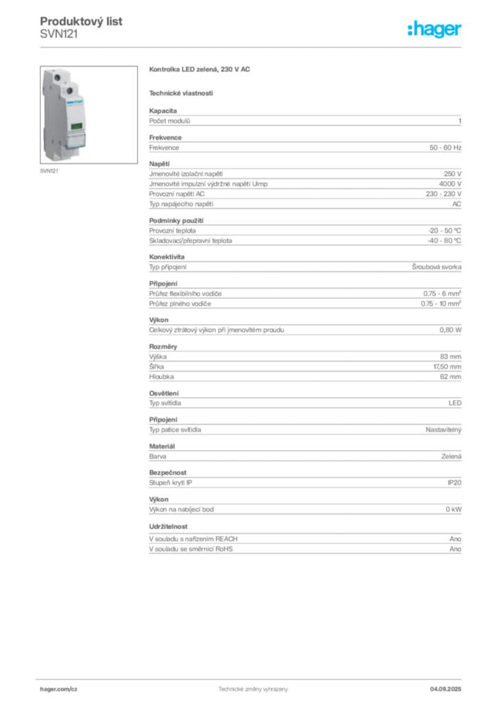 Obrázek Hager Produktový list SVN121 | Hager