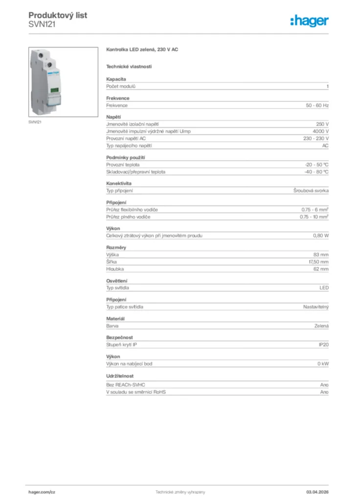 Obrázek Hager Product data sheet SVN121 | Hager