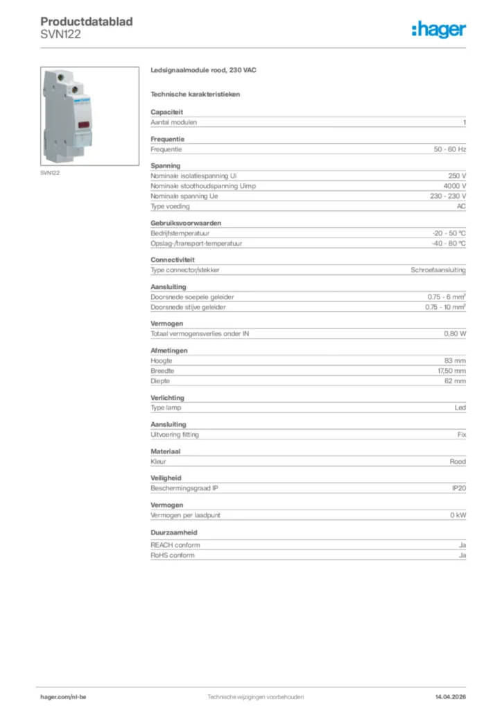Afbeelding Hager Productdatablad SVN122 | Hager Belgium