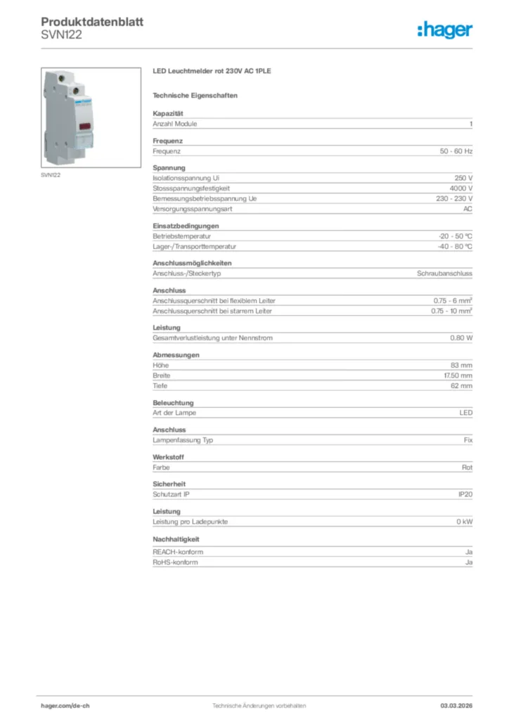 Bild Hager Produktdatenblatt SVN122 | Hager Schweiz