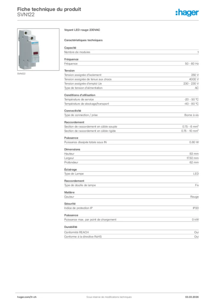 Image Hager Fiche technique du produit SVN122 | Hager Suisse