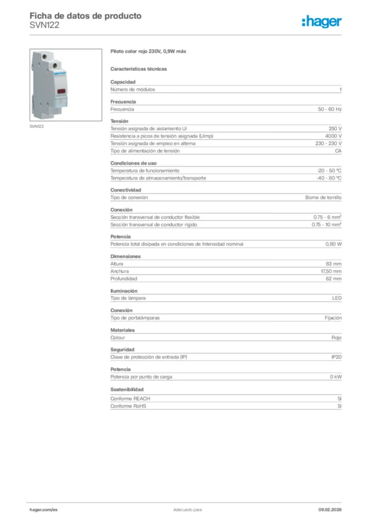 Imagen Hager Ficha de datos de producto SVN122 | Hager España