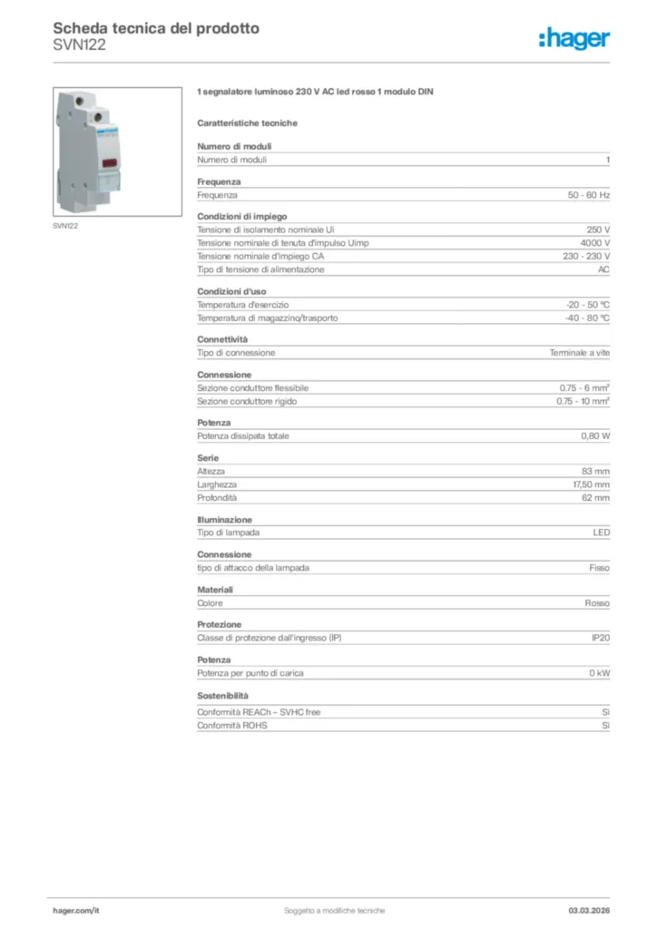 Immagine Hager Scheda tecnica del prodotto SVN122 | Hager Italia