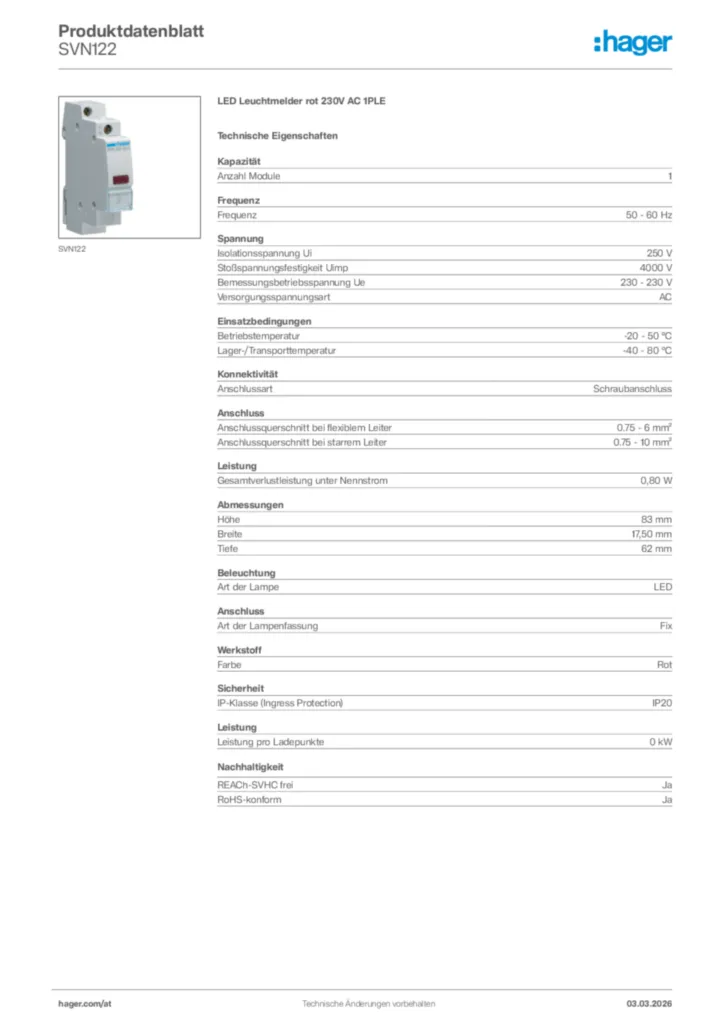 Bild Hager Produktdatenblatt SVN122 | Hager Deutschland