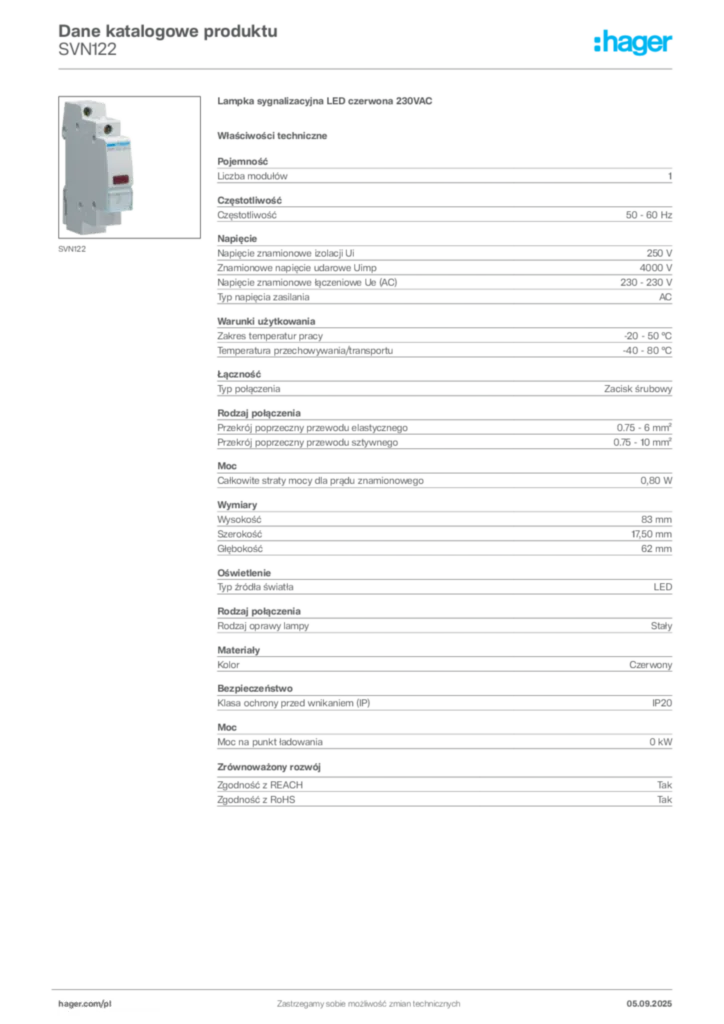 Zdjęcie Hager Dane katalogowe produktu SVN122 | Hager Polska