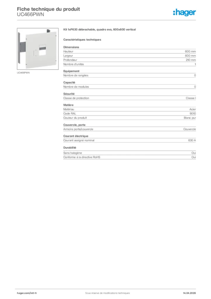 Image Hager Fiche technique du produit UC466PWN | Hager Afrique