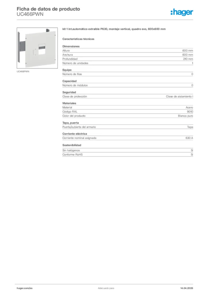 Imagen Hager Ficha de datos de producto UC466PWN | Hager España