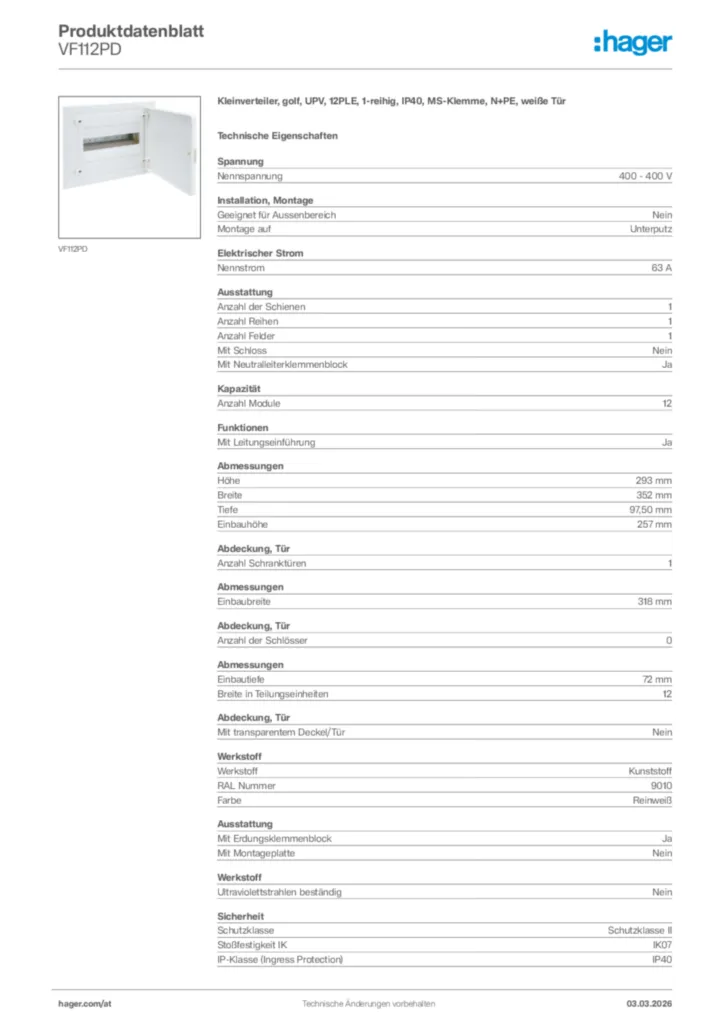 Bild Hager Produktdatenblatt VF112PD | Hager Deutschland