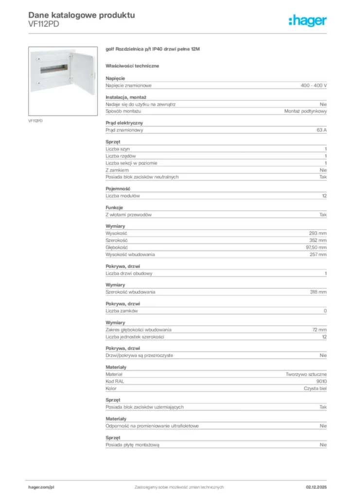 Zdjęcie Hager Dane katalogowe produktu VF112PD | Hager Polska