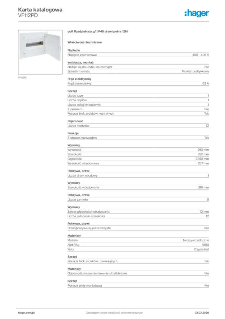 Zdjęcie Hager Karta katalogowa VF112PD | Hager Polska