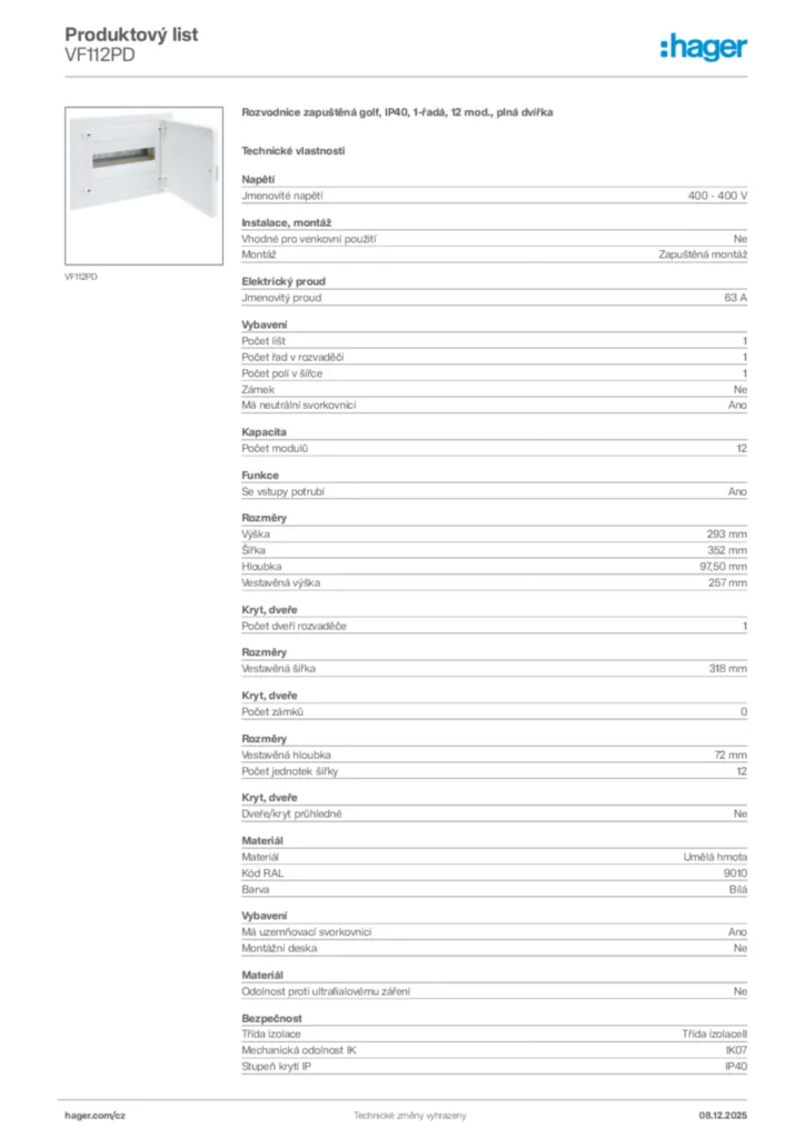Obrázek Hager Product data sheet VF112PD | Hager