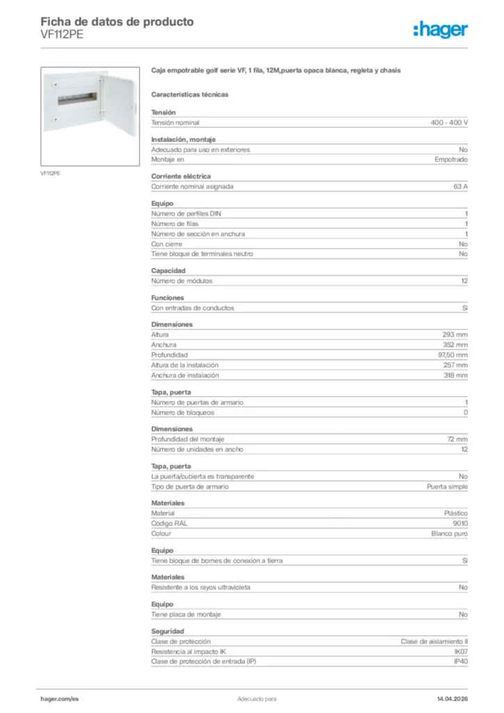 Imagen Hager Ficha de datos de producto VF112PE | Hager España