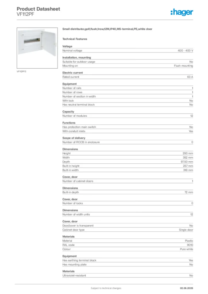 Image Hager Product data sheet VF112PF  | Hager Africa