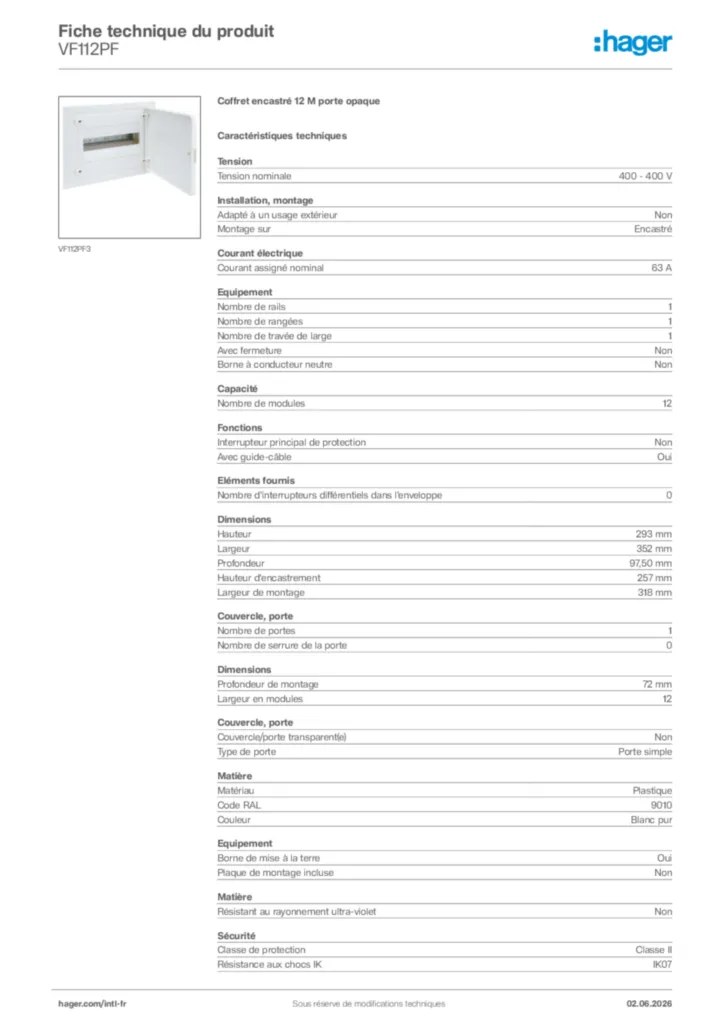 Image Hager Fiche technique du produit VF112PF | Hager Afrique