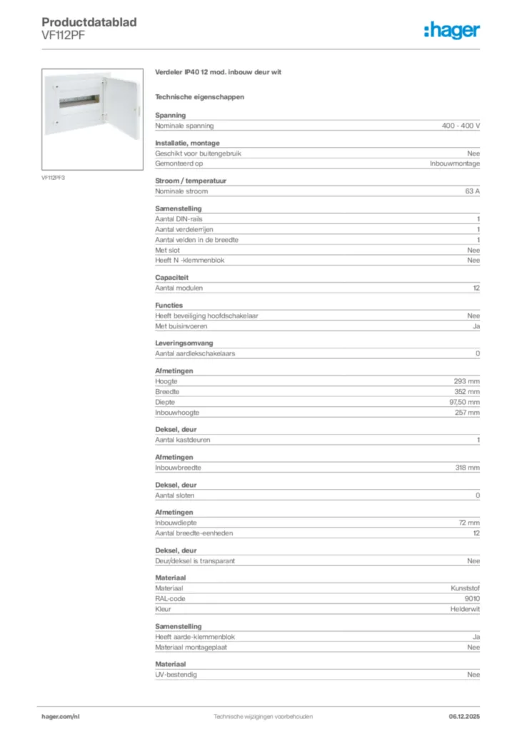 Afbeelding Hager Productdatablad VF112PF | Hager Nederland