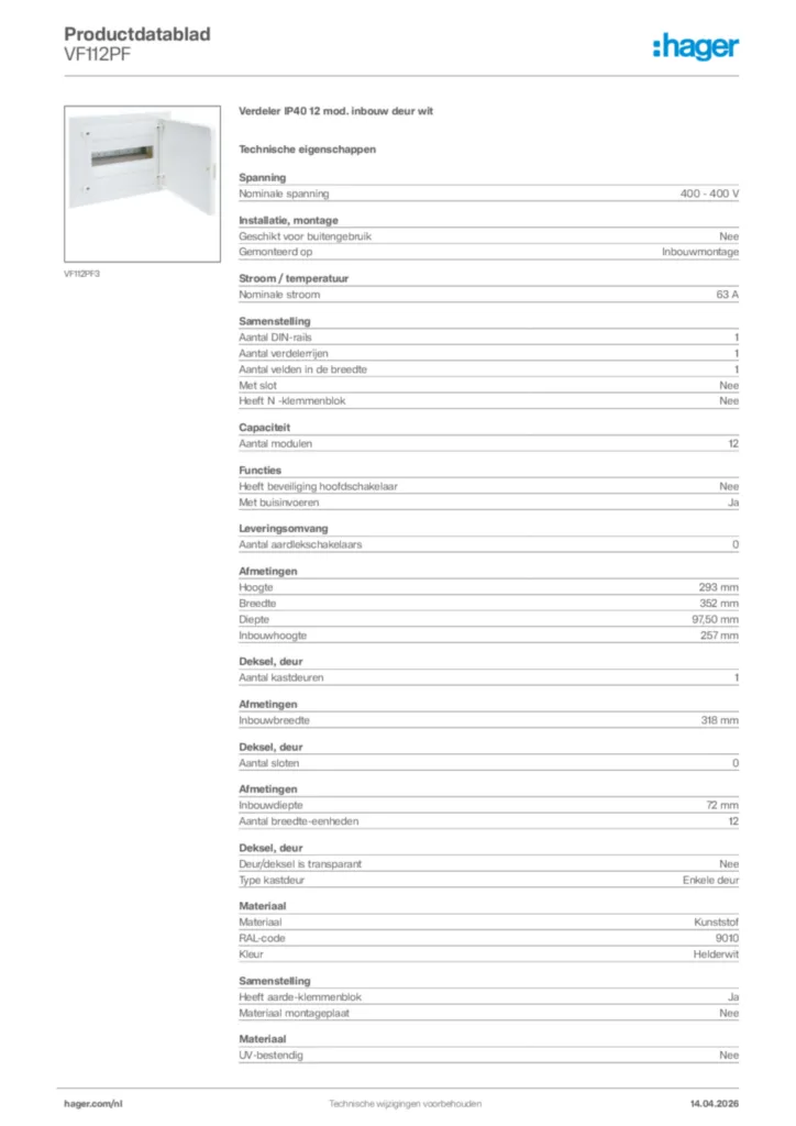 Afbeelding Hager Productdatablad VF112PF | Hager Nederland