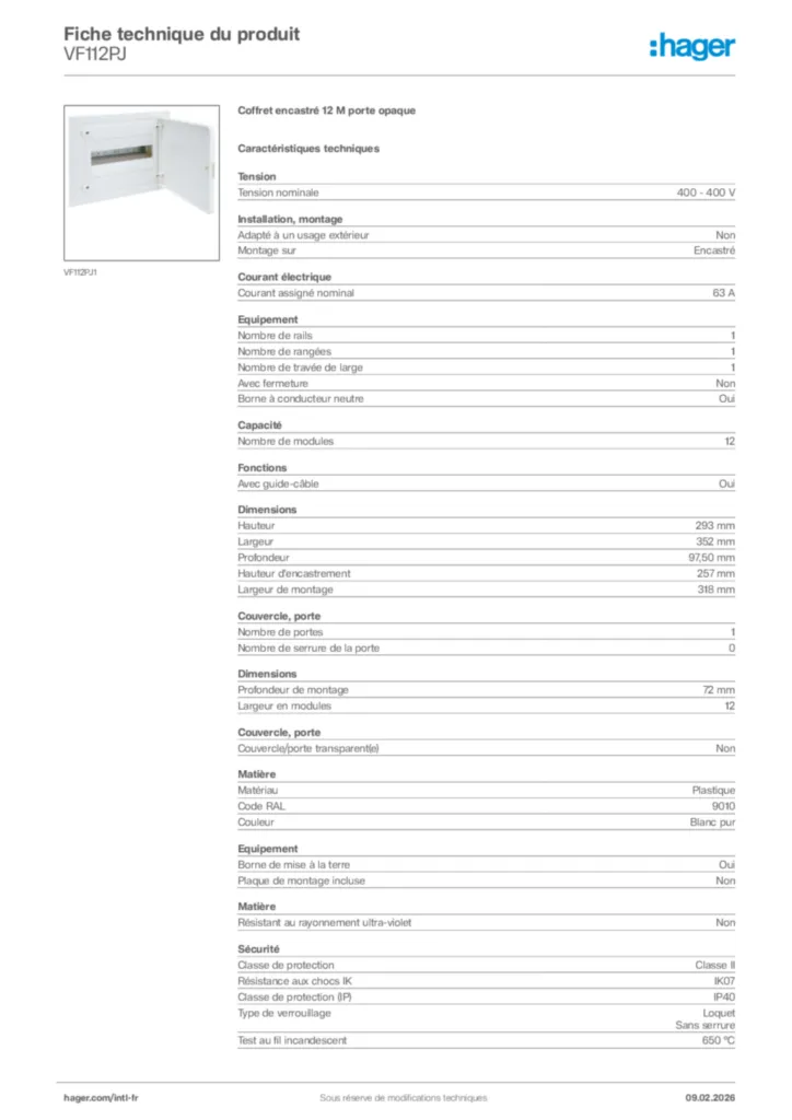 Image Hager Fiche technique du produit VF112PJ | Hager Afrique