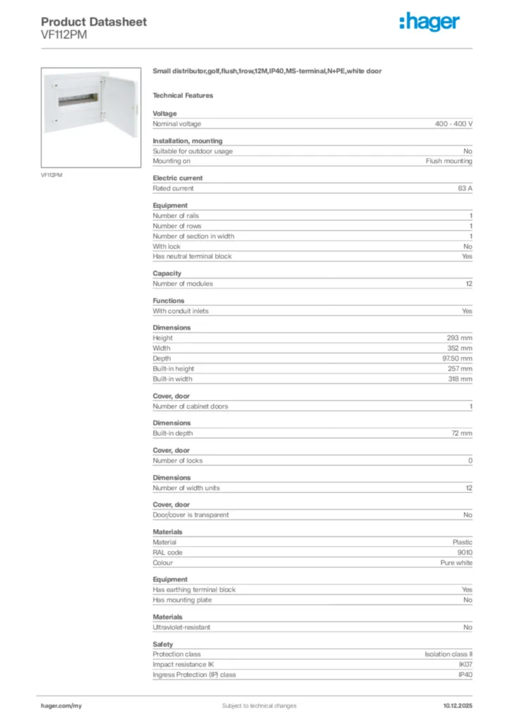 Image Hager Product data sheet VF112PM  | Hager