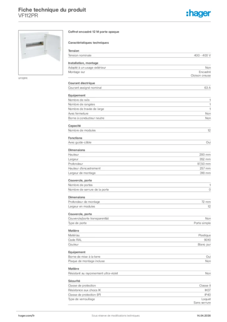 Image Hager Fiche technique du produit VF112PR | Hager France