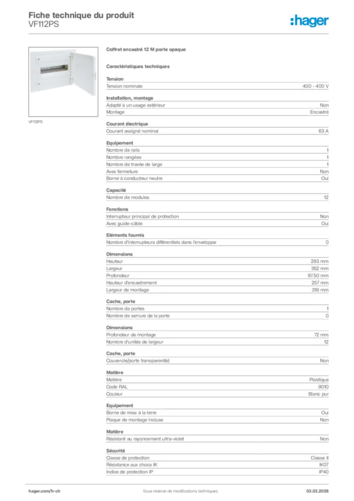 Image Hager Fiche technique du produit VF112PS | Hager Suisse