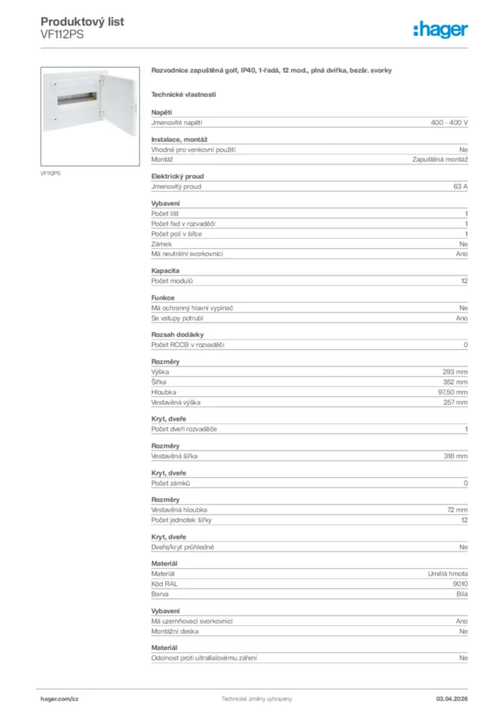 Obrázek Hager Product data sheet VF112PS | Hager