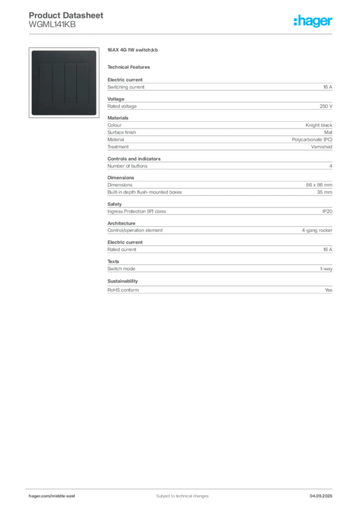 Image Hager Product data sheet WGML141KB  | Hager