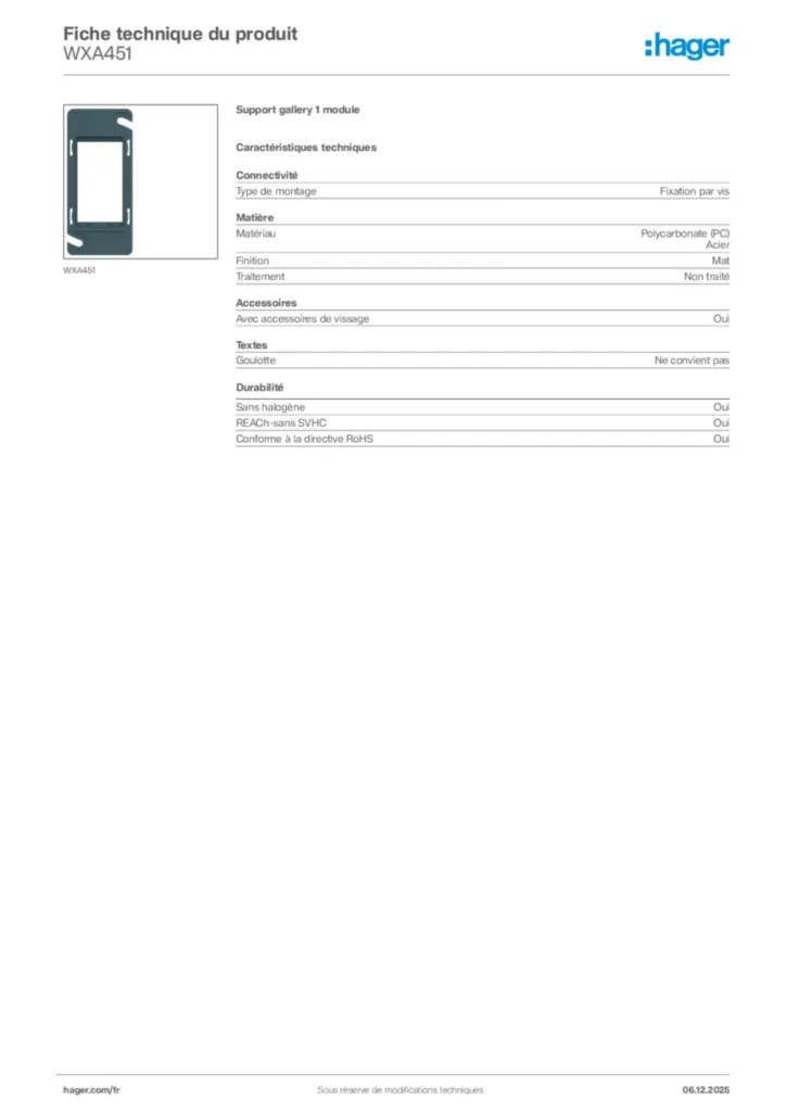 Image Hager Fiche technique du produit WXA451 | Hager France