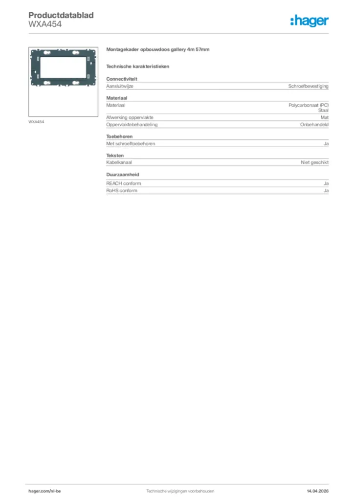 Afbeelding Hager Productdatablad WXA454 | Hager Belgium