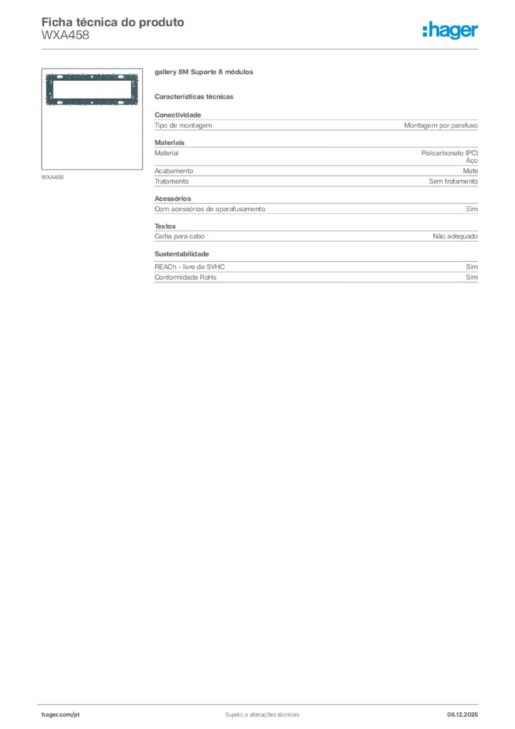 Imagem Hager Ficha técnica do produto WXA458 | Hager Portugal