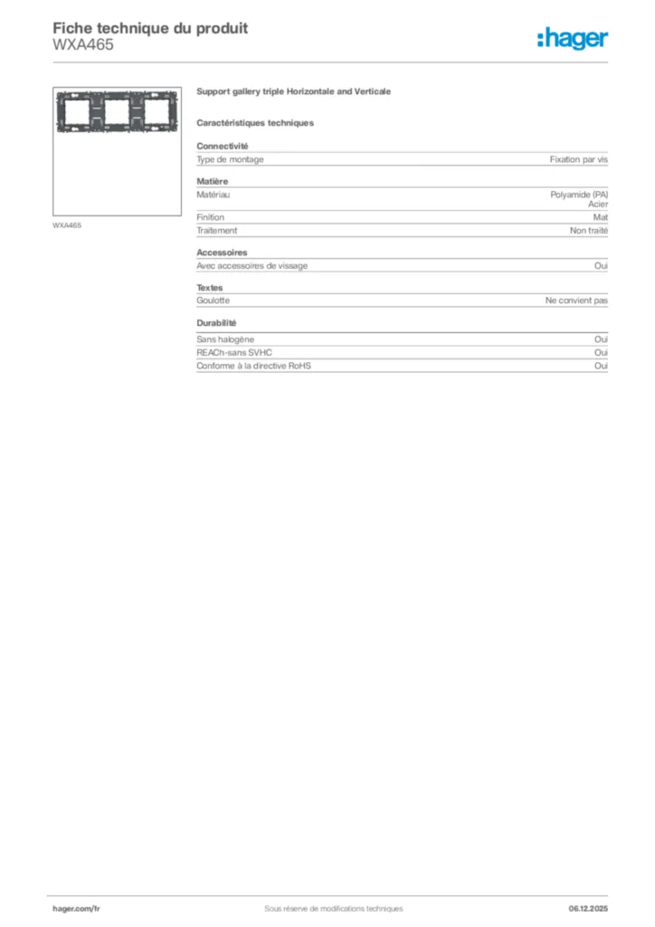 Image Hager Fiche technique du produit WXA465 | Hager France