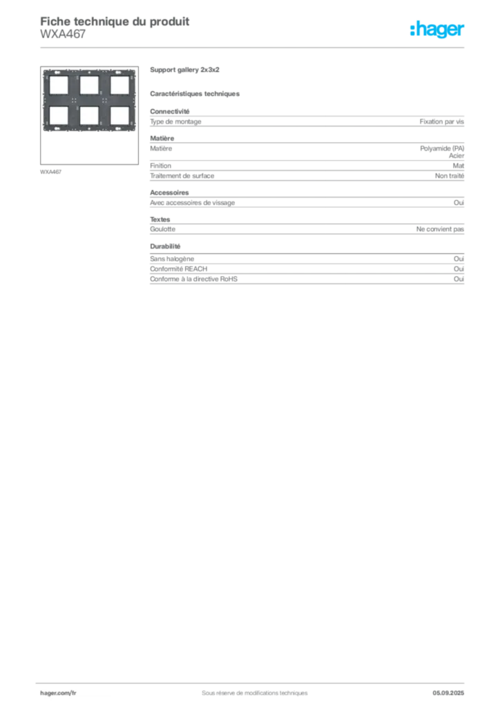 Image Hager Fiche technique du produit WXA467 | Hager France