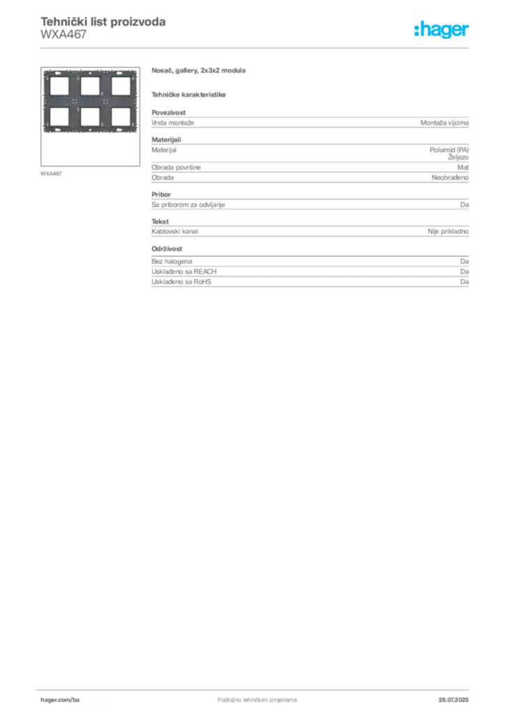 Slika Hager Product data sheet WXA467  | Hager