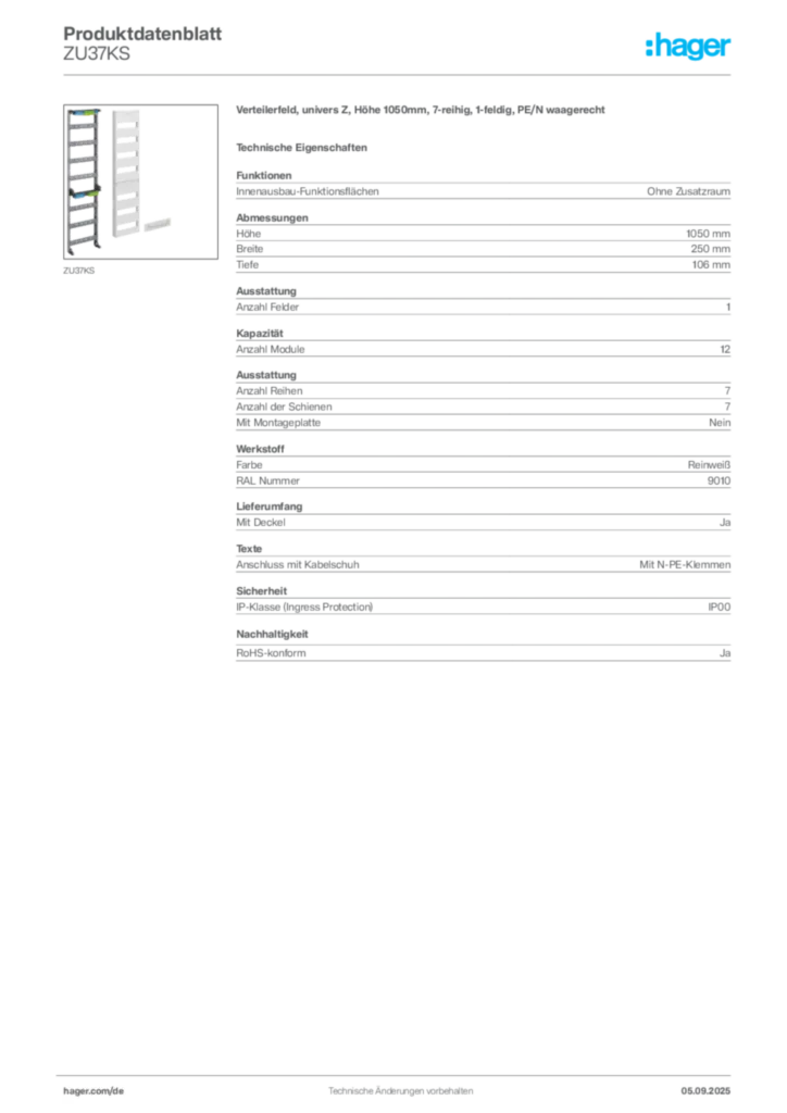 Bild Hager Produktdatenblatt ZU37KS | Hager Deutschland