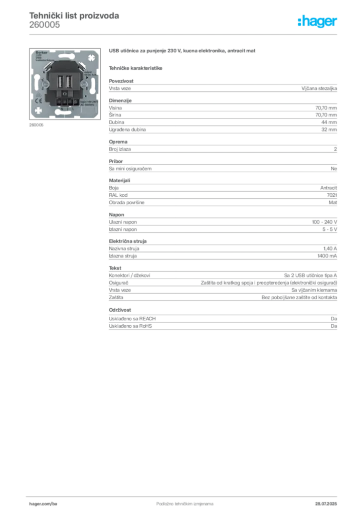 Slika Hager Product data sheet 260005  | Hager