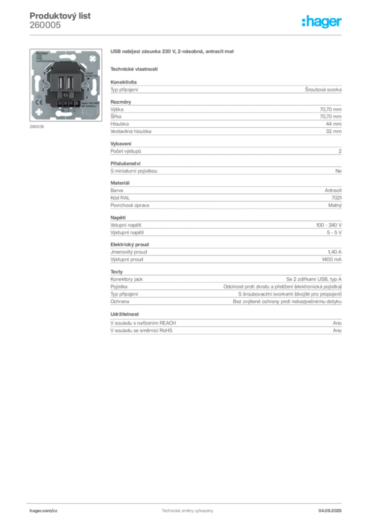 Obrázek Hager Produktový list 260005 | Hager