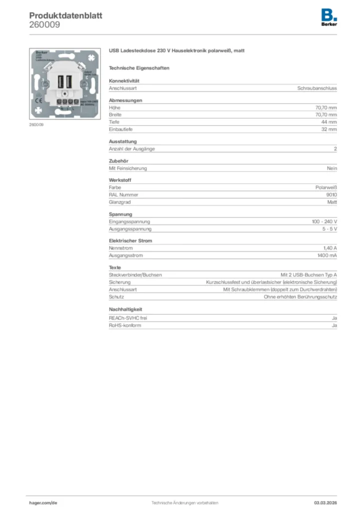 Bild Berker Produktdatenblatt 260009 | Hager Deutschland