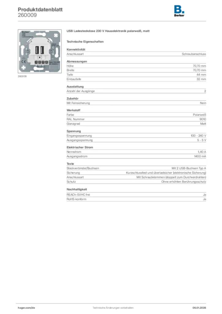 Bild Berker Produktdatenblatt 260009 | Hager Deutschland
